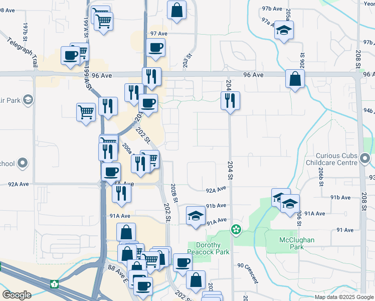map of restaurants, bars, coffee shops, grocery stores, and more near 20276 93B Avenue in Langley Township
