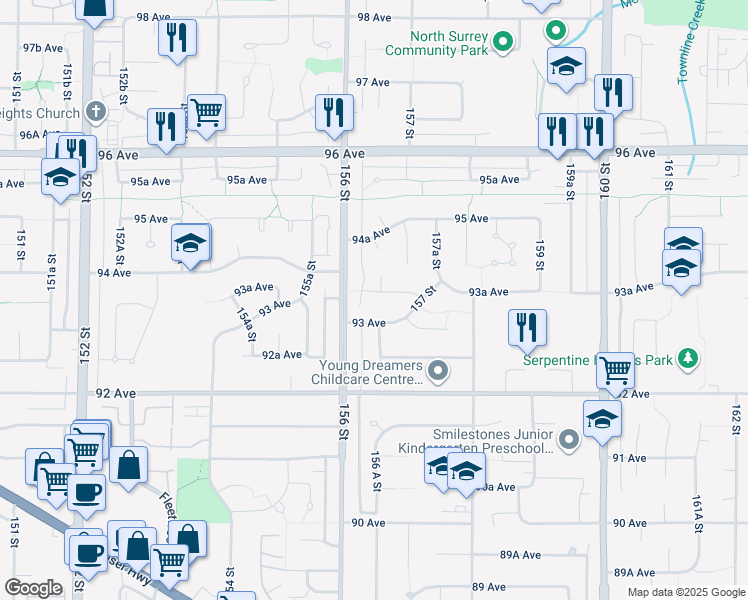 map of restaurants, bars, coffee shops, grocery stores, and more near 15640 93A Avenue in Surrey