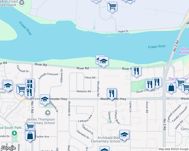 map of restaurants, bars, coffee shops, grocery stores, and more near 4951 Tilton Road in Richmond