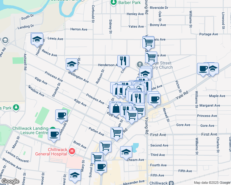 map of restaurants, bars, coffee shops, grocery stores, and more near 9400 Cook Street in Chilliwack