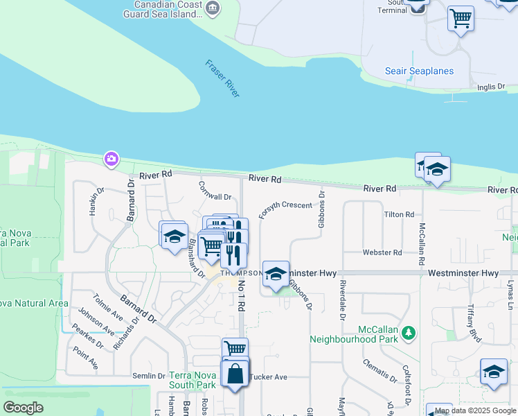 map of restaurants, bars, coffee shops, grocery stores, and more near 5691 Forsyth Crescent in Richmond