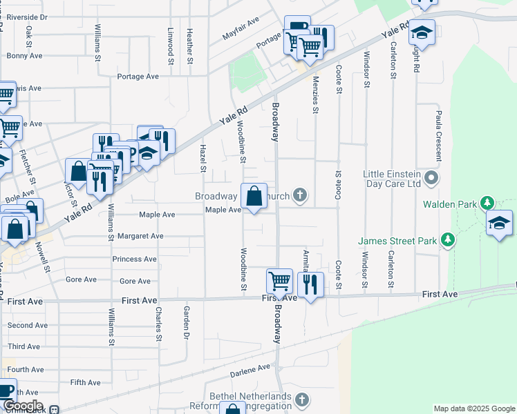 map of restaurants, bars, coffee shops, grocery stores, and more near 46523 Maple Avenue in Chilliwack