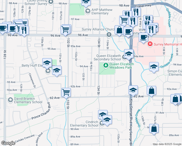 map of restaurants, bars, coffee shops, grocery stores, and more near 133A Street in Surrey