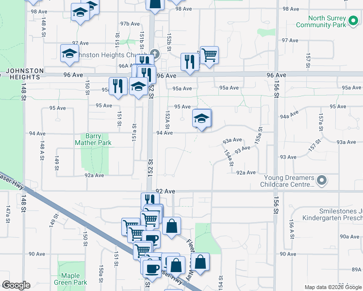 map of restaurants, bars, coffee shops, grocery stores, and more near 15299 93A Avenue in Surrey