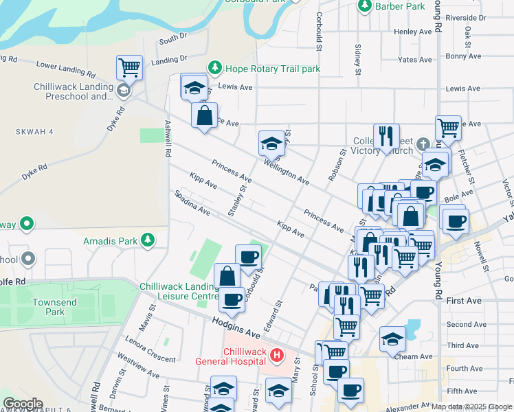 map of restaurants, bars, coffee shops, grocery stores, and more near 45545 Kipp Avenue in Chilliwack