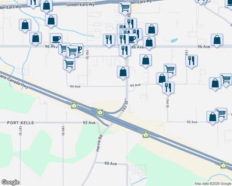 map of restaurants, bars, coffee shops, grocery stores, and more near 19158 94 Avenue in Surrey