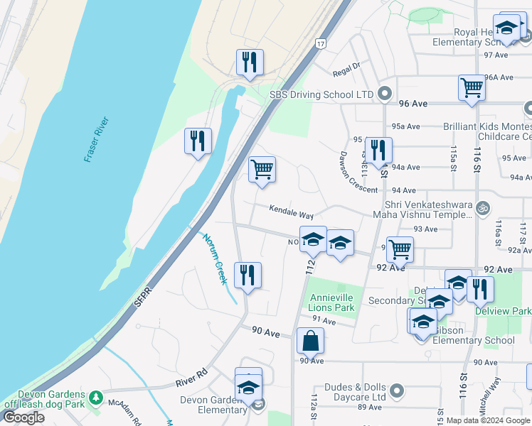 map of restaurants, bars, coffee shops, grocery stores, and more near 11136 Kendale Way in Delta