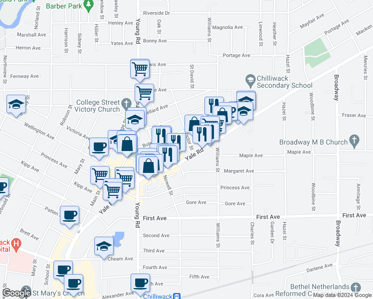 map of restaurants, bars, coffee shops, grocery stores, and more near 46126 Victoria Avenue in Chilliwack