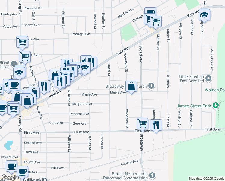 map of restaurants, bars, coffee shops, grocery stores, and more near 2 Maple Avenue in Chilliwack