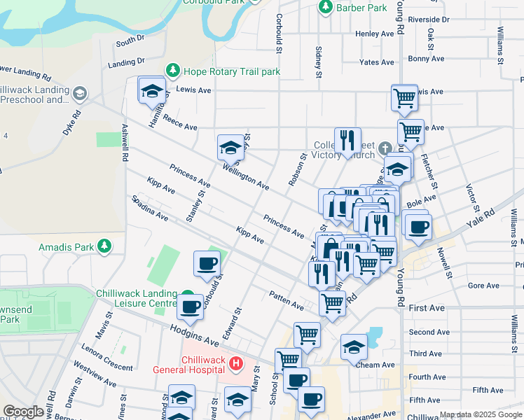 map of restaurants, bars, coffee shops, grocery stores, and more near 45649 Princess Avenue in Chilliwack