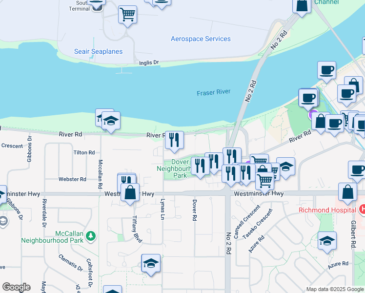 map of restaurants, bars, coffee shops, grocery stores, and more near 5888 Dover Crescent in Richmond