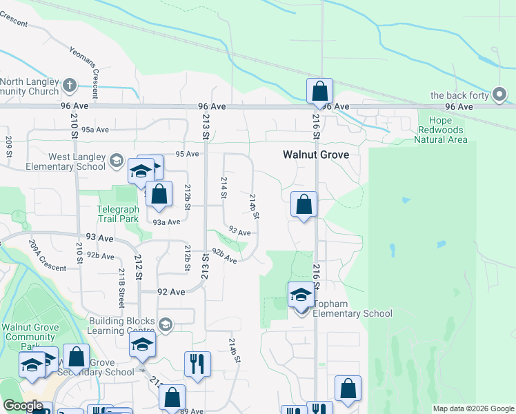 map of restaurants, bars, coffee shops, grocery stores, and more near 9376 214B Street in Langley