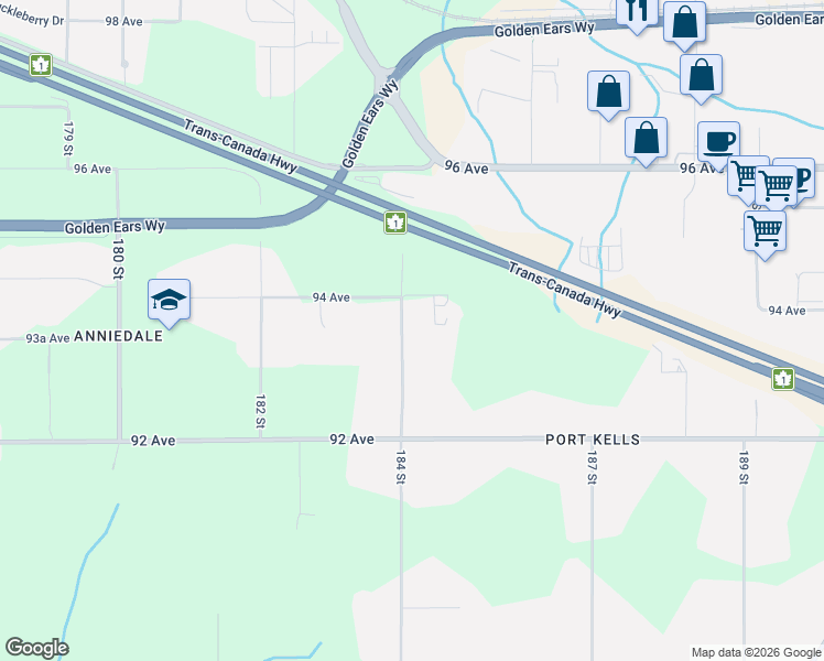 map of restaurants, bars, coffee shops, grocery stores, and more near 9358 184 Street in Surrey