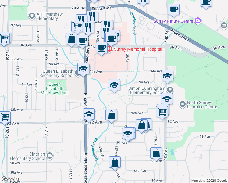 map of restaurants, bars, coffee shops, grocery stores, and more near 13755 93A Avenue in Surrey