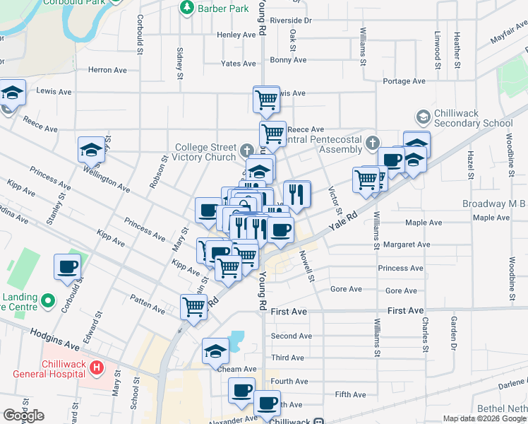 map of restaurants, bars, coffee shops, grocery stores, and more near Young Road in Chilliwack