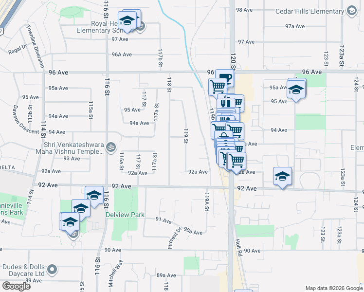 map of restaurants, bars, coffee shops, grocery stores, and more near 9323 119 Street in Delta