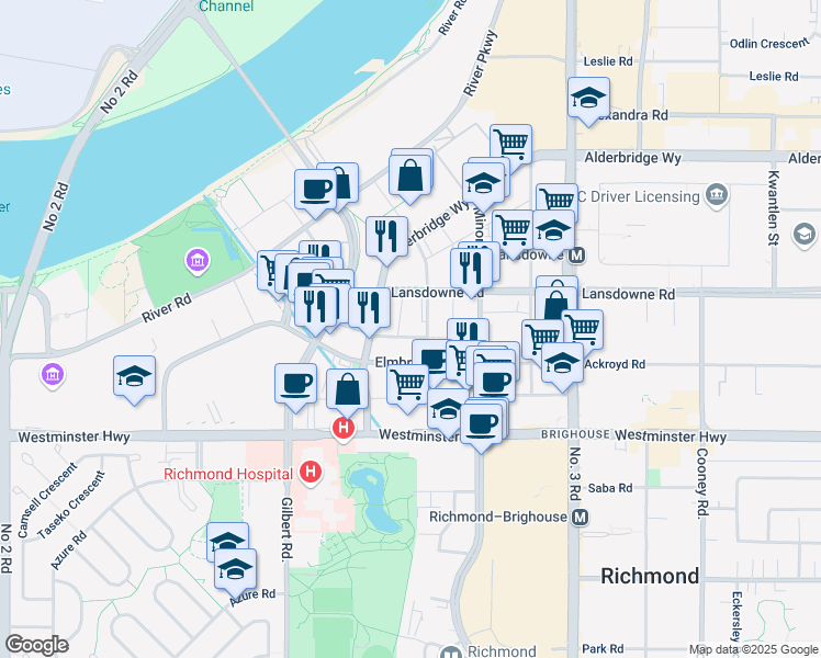 map of restaurants, bars, coffee shops, grocery stores, and more near in Richmond