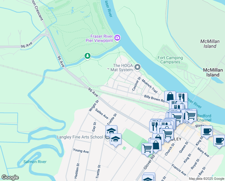 map of restaurants, bars, coffee shops, grocery stores, and more near 22928 Billy Brown Road in Langley Township