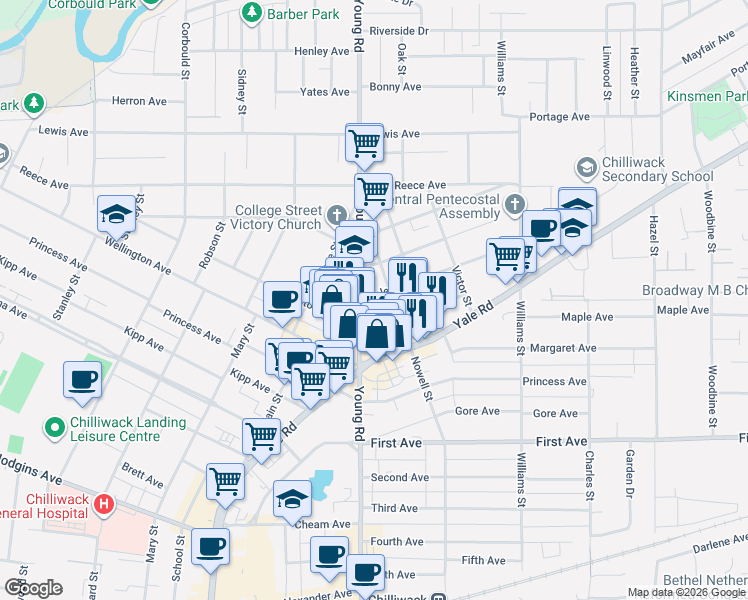 map of restaurants, bars, coffee shops, grocery stores, and more near in Chilliwack