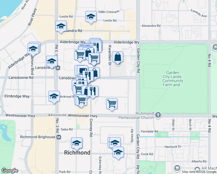map of restaurants, bars, coffee shops, grocery stores, and more near 8460 Ackroyd Road in Richmond
