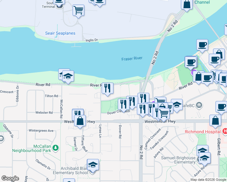 map of restaurants, bars, coffee shops, grocery stores, and more near 5888 Dover Crescent in Richmond