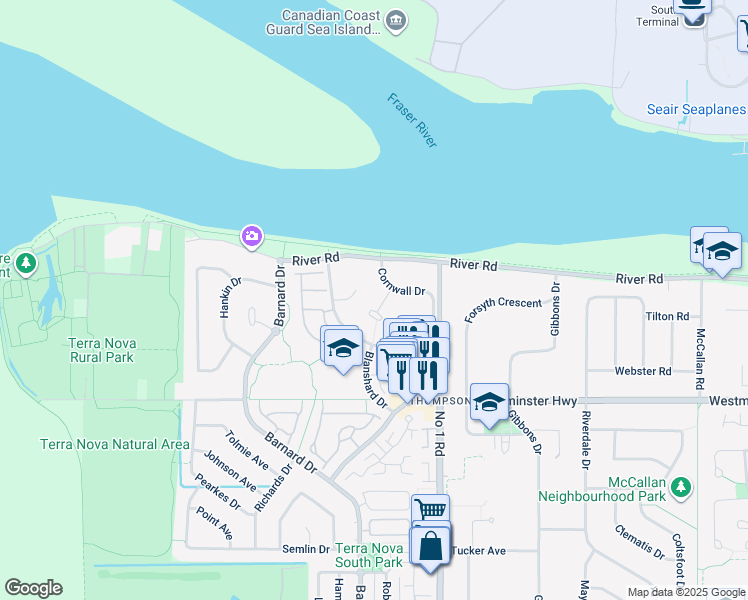map of restaurants, bars, coffee shops, grocery stores, and more near 5605 Dewdney Court in Richmond