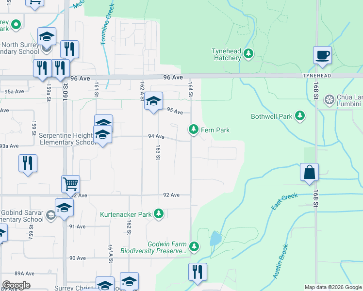 map of restaurants, bars, coffee shops, grocery stores, and more near 16366 94 Avenue in Surrey