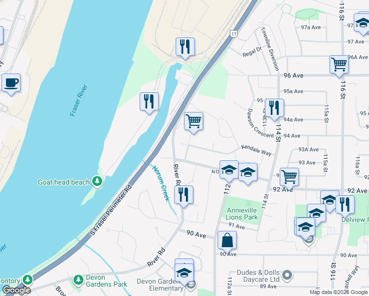 map of restaurants, bars, coffee shops, grocery stores, and more near 9341 Ebor Road in Delta