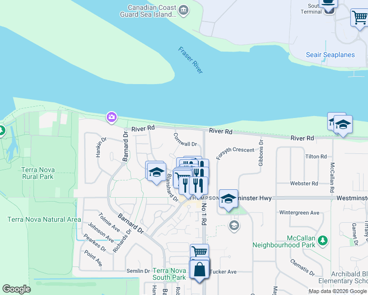 map of restaurants, bars, coffee shops, grocery stores, and more near 5628 Cornwall Drive in Richmond