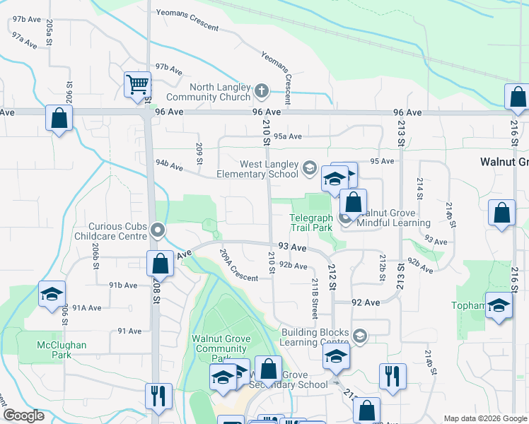 map of restaurants, bars, coffee shops, grocery stores, and more near 9365 210 Street in Langley Township