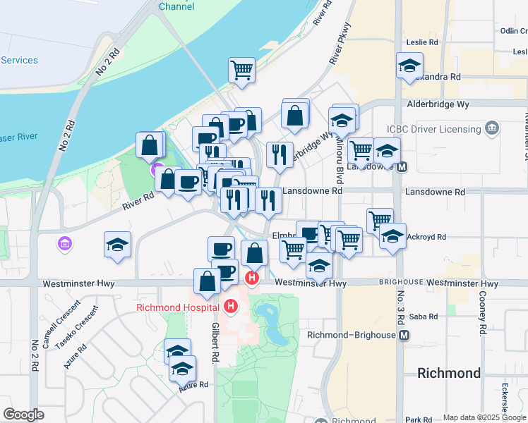 map of restaurants, bars, coffee shops, grocery stores, and more near 7555 Alderbridge Way in Richmond