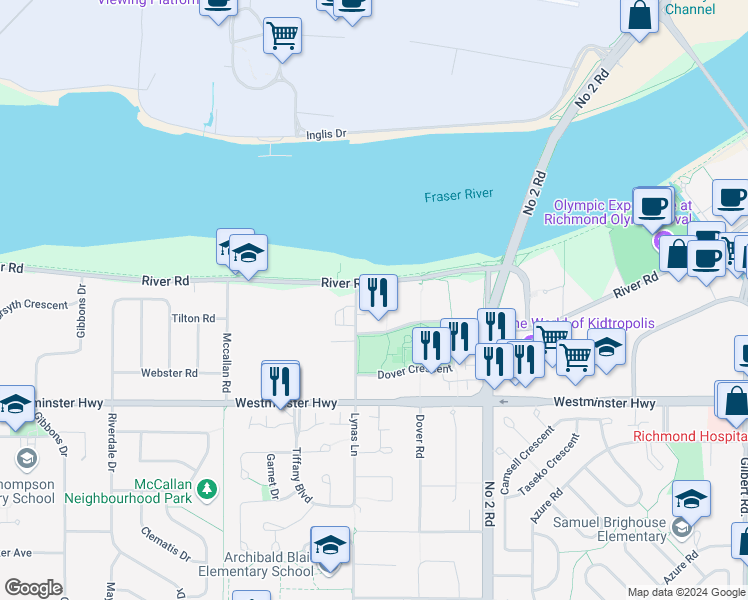 map of restaurants, bars, coffee shops, grocery stores, and more near in Richmond