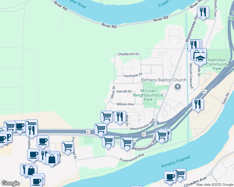 map of restaurants, bars, coffee shops, grocery stores, and more near 22060 Garratt Drive in Richmond