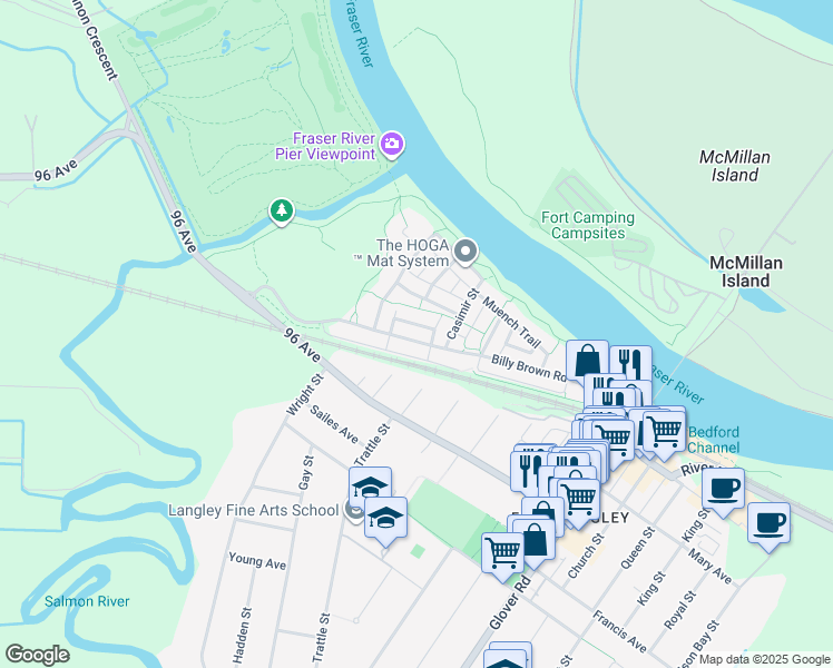 map of restaurants, bars, coffee shops, grocery stores, and more near 22981 Billy Brown Road in Langley Township