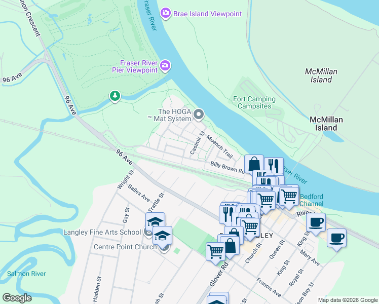 map of restaurants, bars, coffee shops, grocery stores, and more near 9367 Casimir Street in Langley