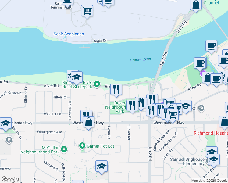 map of restaurants, bars, coffee shops, grocery stores, and more near 5500 Lynas Lane in Richmond