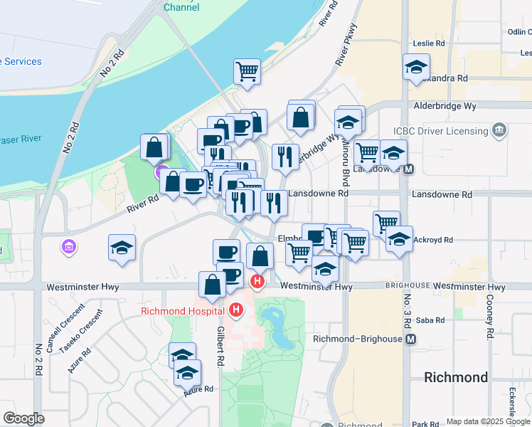 map of restaurants, bars, coffee shops, grocery stores, and more near 7535 Alderbridge Way in Richmond