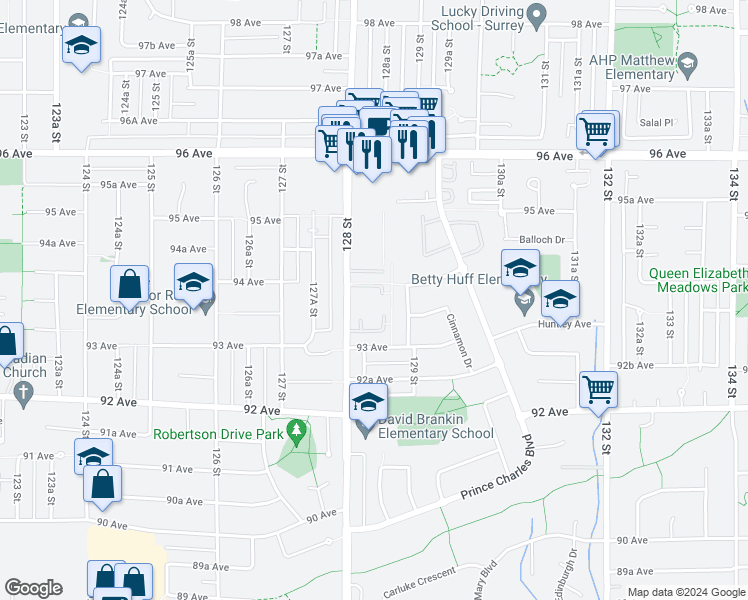 map of restaurants, bars, coffee shops, grocery stores, and more near 9366 128 Street in Surrey