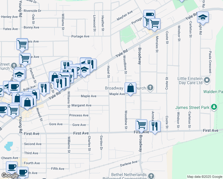 map of restaurants, bars, coffee shops, grocery stores, and more near 2 Maple Avenue in Chilliwack