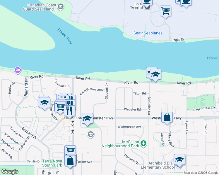 map of restaurants, bars, coffee shops, grocery stores, and more near 5540 Gibbons Drive in Richmond