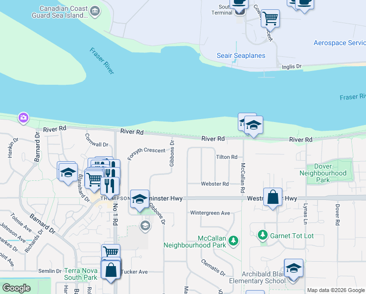 map of restaurants, bars, coffee shops, grocery stores, and more near 5711 Riverdale Drive in Richmond