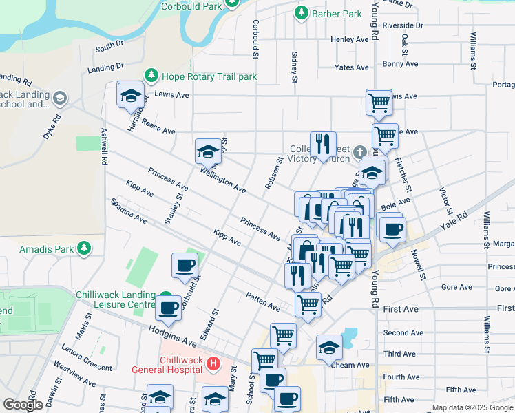 map of restaurants, bars, coffee shops, grocery stores, and more near 45700 Wellington Avenue in Chilliwack