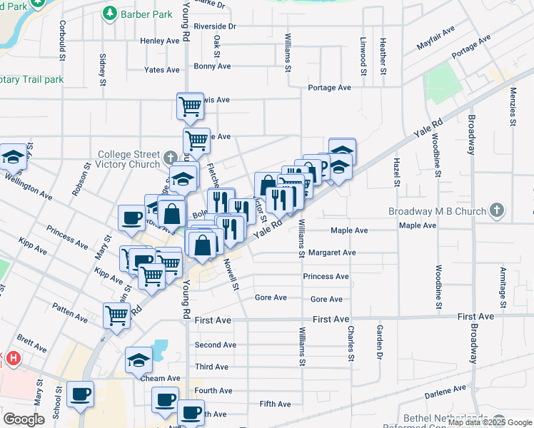 map of restaurants, bars, coffee shops, grocery stores, and more near 46126 Victoria Avenue in Chilliwack