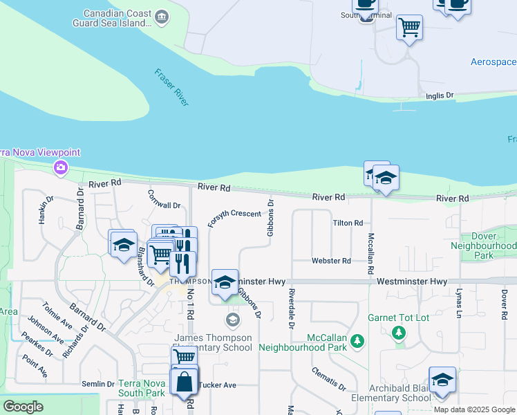 map of restaurants, bars, coffee shops, grocery stores, and more near 5451 Forsyth Crescent in Richmond