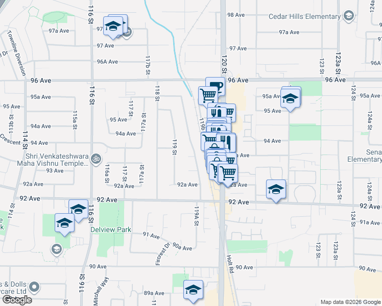 map of restaurants, bars, coffee shops, grocery stores, and more near 9357 Forest Way in Delta