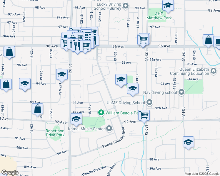 map of restaurants, bars, coffee shops, grocery stores, and more near 9376 Prince Charles Boulevard in Surrey