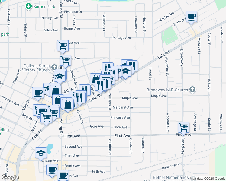 map of restaurants, bars, coffee shops, grocery stores, and more near 9398 Williams Street in Chilliwack