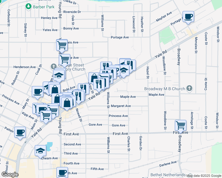 map of restaurants, bars, coffee shops, grocery stores, and more near 9398 Williams Street in Chilliwack