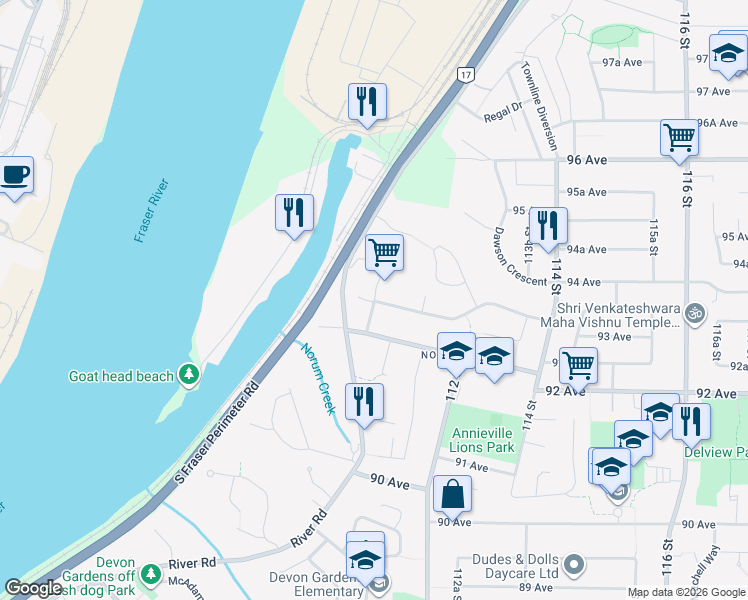 map of restaurants, bars, coffee shops, grocery stores, and more near 9312 Ebor Road in Delta