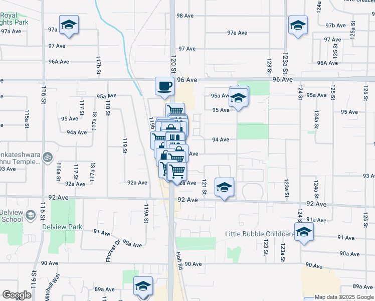 map of restaurants, bars, coffee shops, grocery stores, and more near 12045 93A Avenue in Surrey